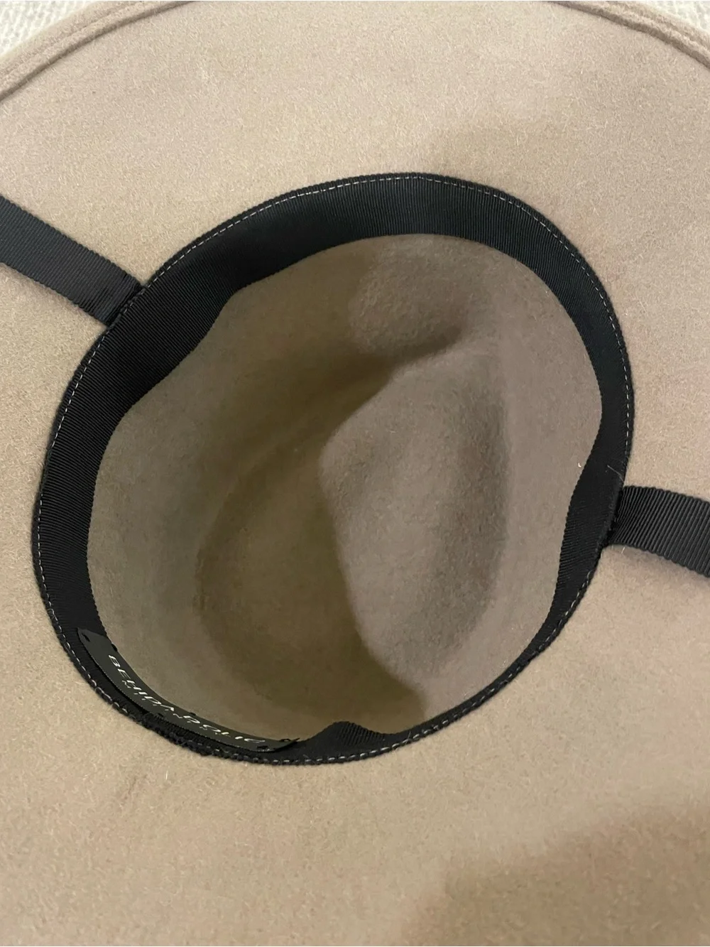 Behida Dolic Millinery Wide Brim Felt Hat in Taupe with Black Chin Strap